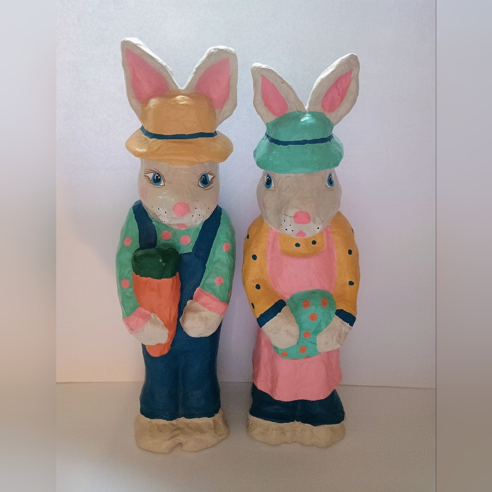 Vintage 1990s Painted Paper Mache Mr. & Mrs. Easter Bunny Rabbit 17”